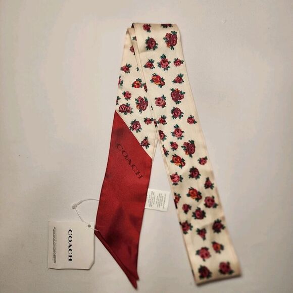 NWT Coach CZ528 Mini Vintage Rose Print Silk Skinny Scarf In Chalk/Rose - Picture 1 of 3